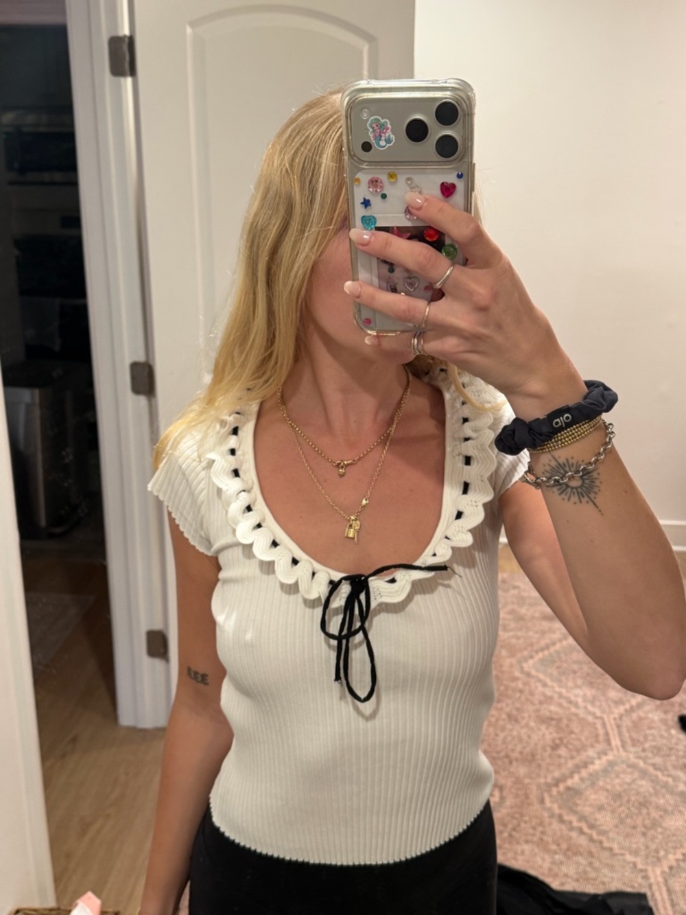 Zara White Ribbed Knit Top with Scalloped Trim and Black Tie